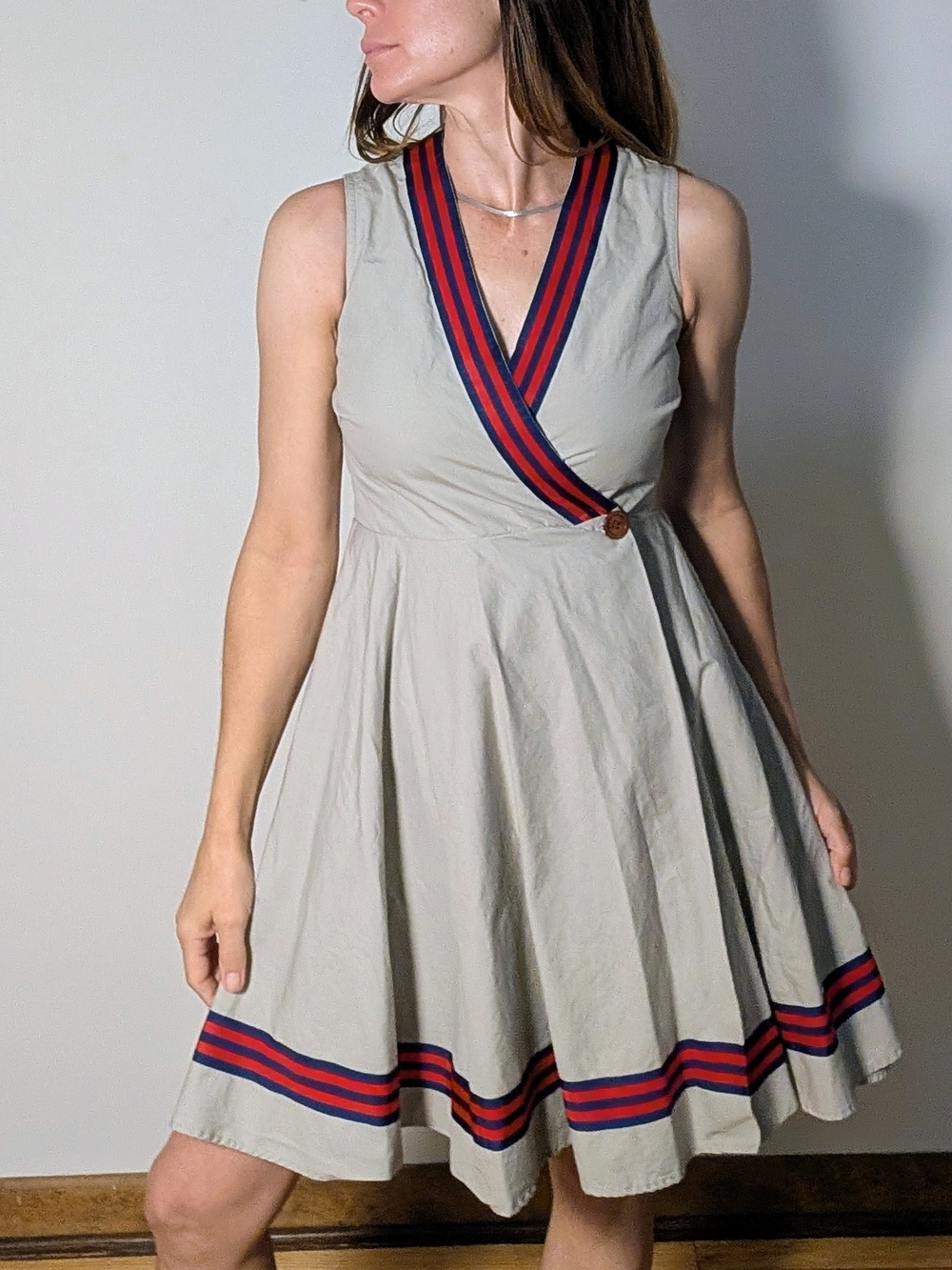 Vintage 90's Steven Alan Wrap Dress XS/P Gray Red Navy Striped Fit & Flare